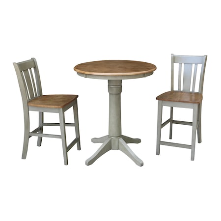 International Concepts Round 30 in Rd Ped Gathering Ht Table, 2 San Remo Stools, Hickory/Stone, 30 W, 30 L, 35.9 in H, Wood K41-30RT-27B-S102-2